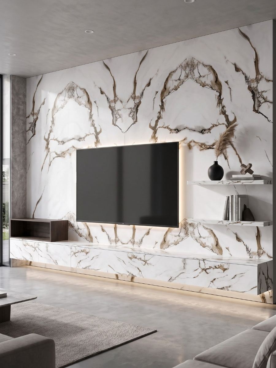 Modern TV feature wall clad in Calacatta Oro Gold marble-look PVC panels with sweeping gold and gray veining