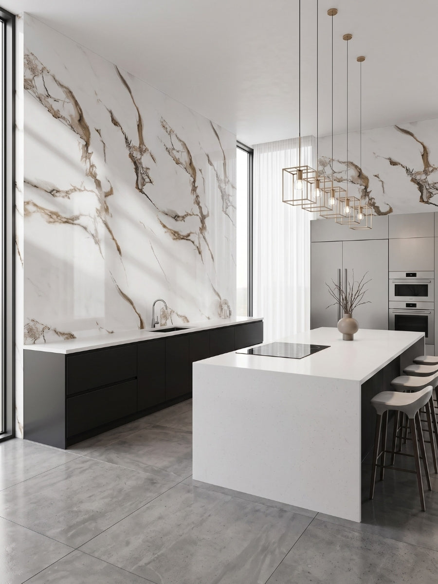Calacatta Oro Gold marble-look wall panels forming a dramatic white and gold veined backdrop in a modern kitchen