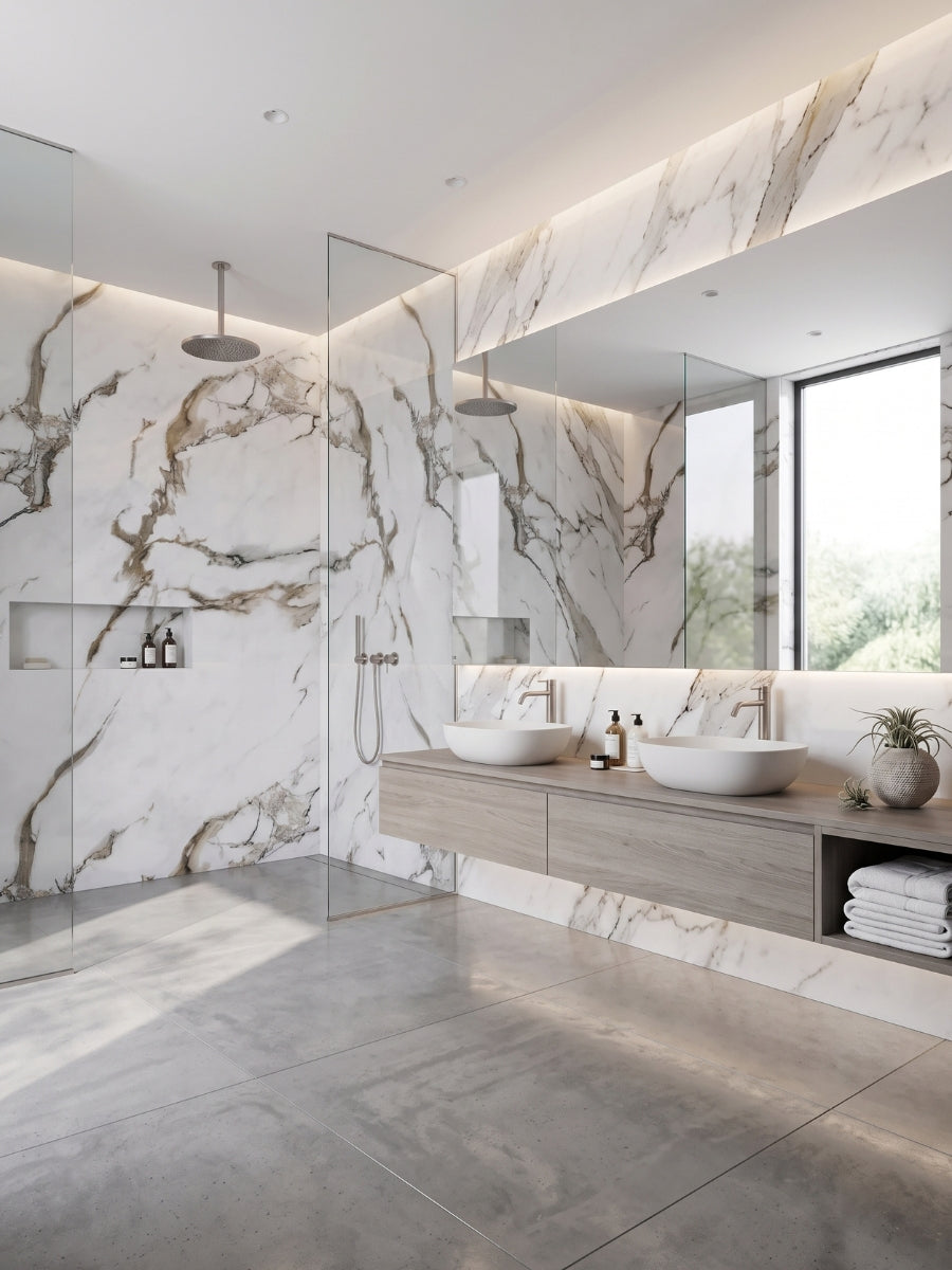 Calacatta Oro Gold marble-look PVC wall panels installed around a walk-in shower and double vanity in a modern bathroom
