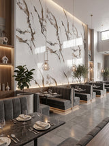 Tall restaurant feature wall finished with Calacatta Oro Gold marble-look PVC panels and bold gold-gray veining