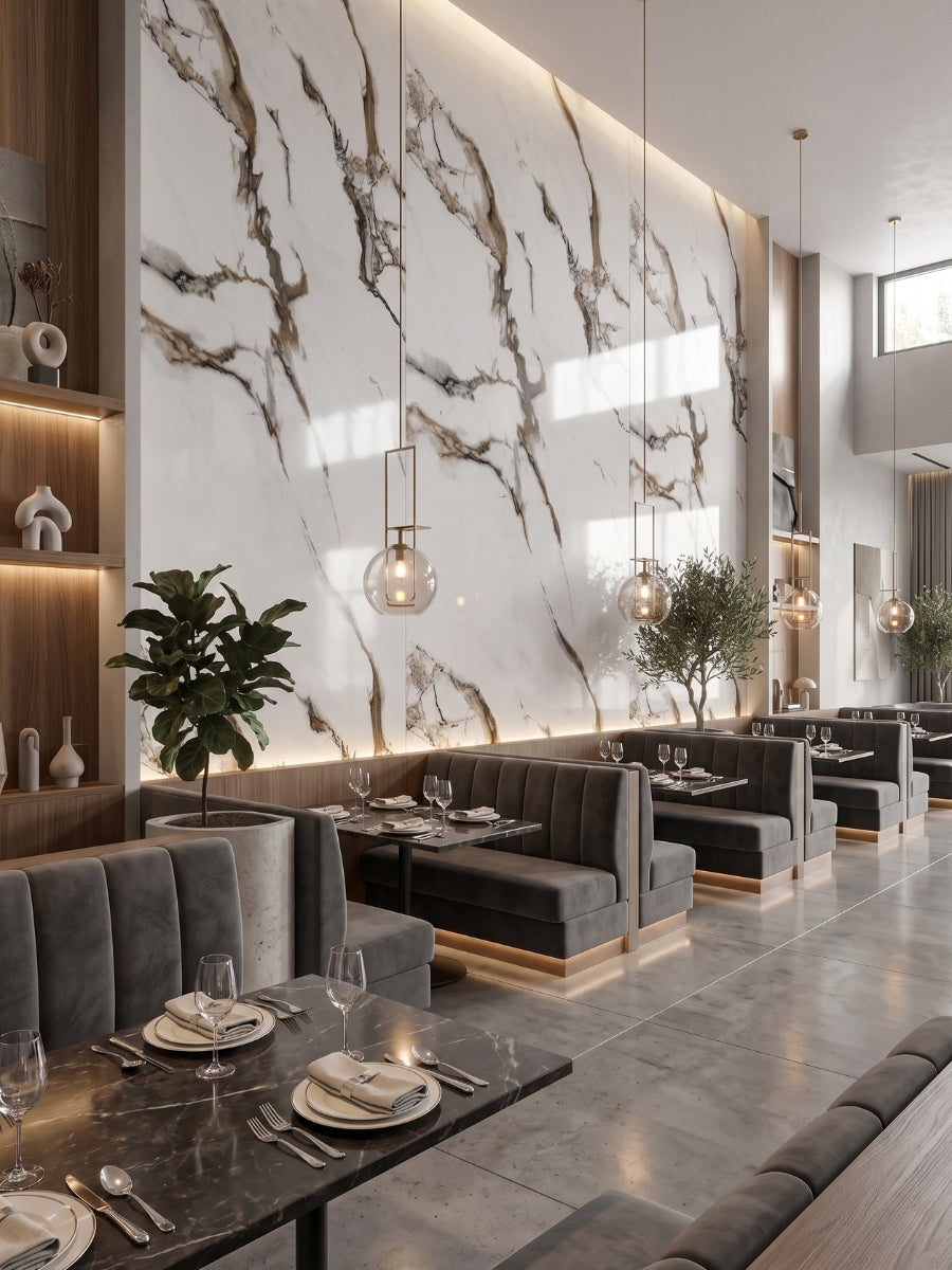 Tall restaurant feature wall finished with Calacatta Oro Gold marble-look PVC panels and bold gold-gray veining