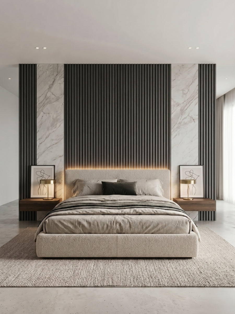 Carborn Gray WPC fluted 3D wall panels paired with marble-look sections behind a modern bed