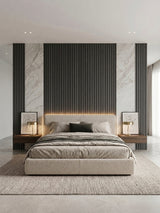 Carborn Gray WPC fluted 3D wall panels paired with marble-look sections behind a modern bed
