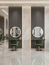Carborn Gray WPC fluted 3D wall panels framing illuminated round mirrors in a salon interior