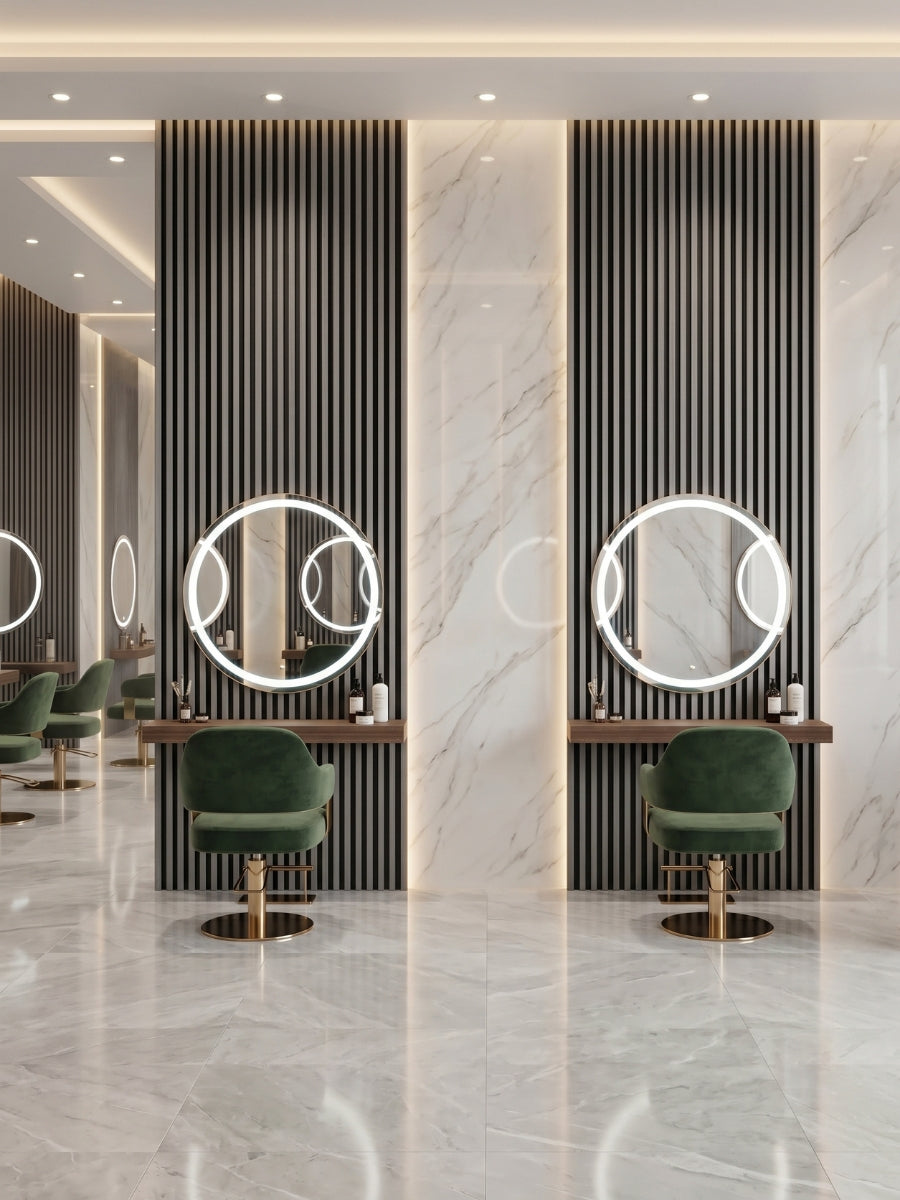 Carborn Gray WPC fluted 3D wall panels framing illuminated round mirrors in a salon interior
