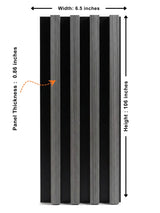 Carborn Gray WPC fluted wall panel dimensions showing 6.5-inch width, 106-inch height, and 0.86-inch thickness