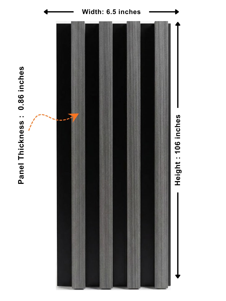 Carborn Gray WPC fluted wall panel dimensions showing 6.5-inch width, 106-inch height, and 0.86-inch thickness