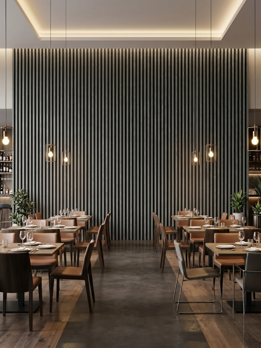 Carborn Gray WPC fluted 3D wall panels covering a restaurant accent wall