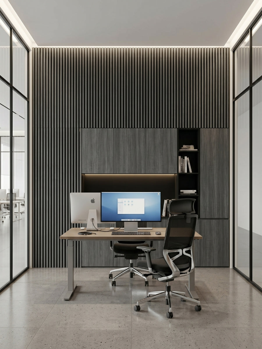 Modern office with Carborn Gray WPC fluted 3D wall panels behind a desk and built-in cabinets