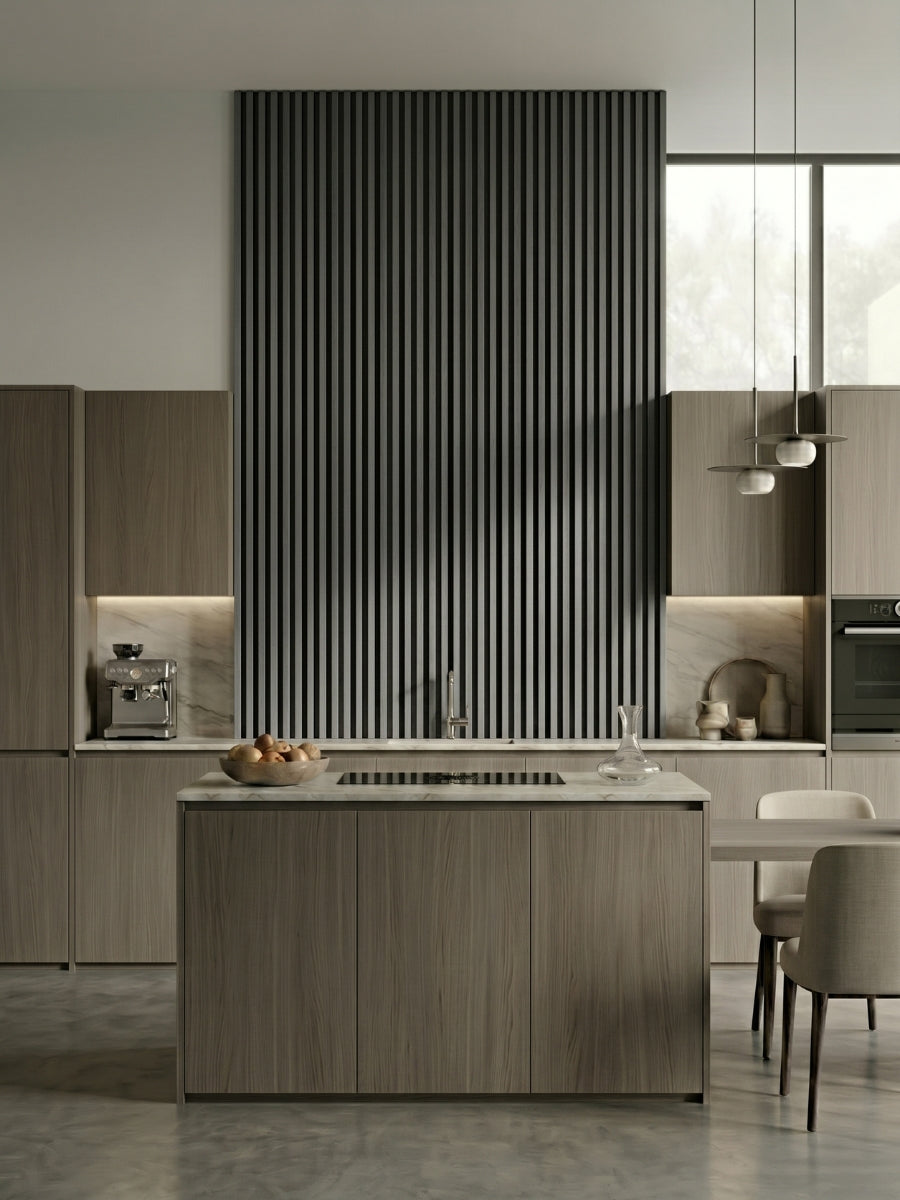 Carborn Gray WPC fluted 3D wall panels forming a tall kitchen accent wall behind an island
