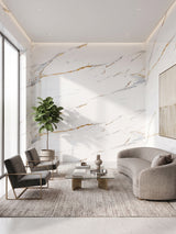 Caramel Vein PVC marble sheets covering the walls of a bright modern living room