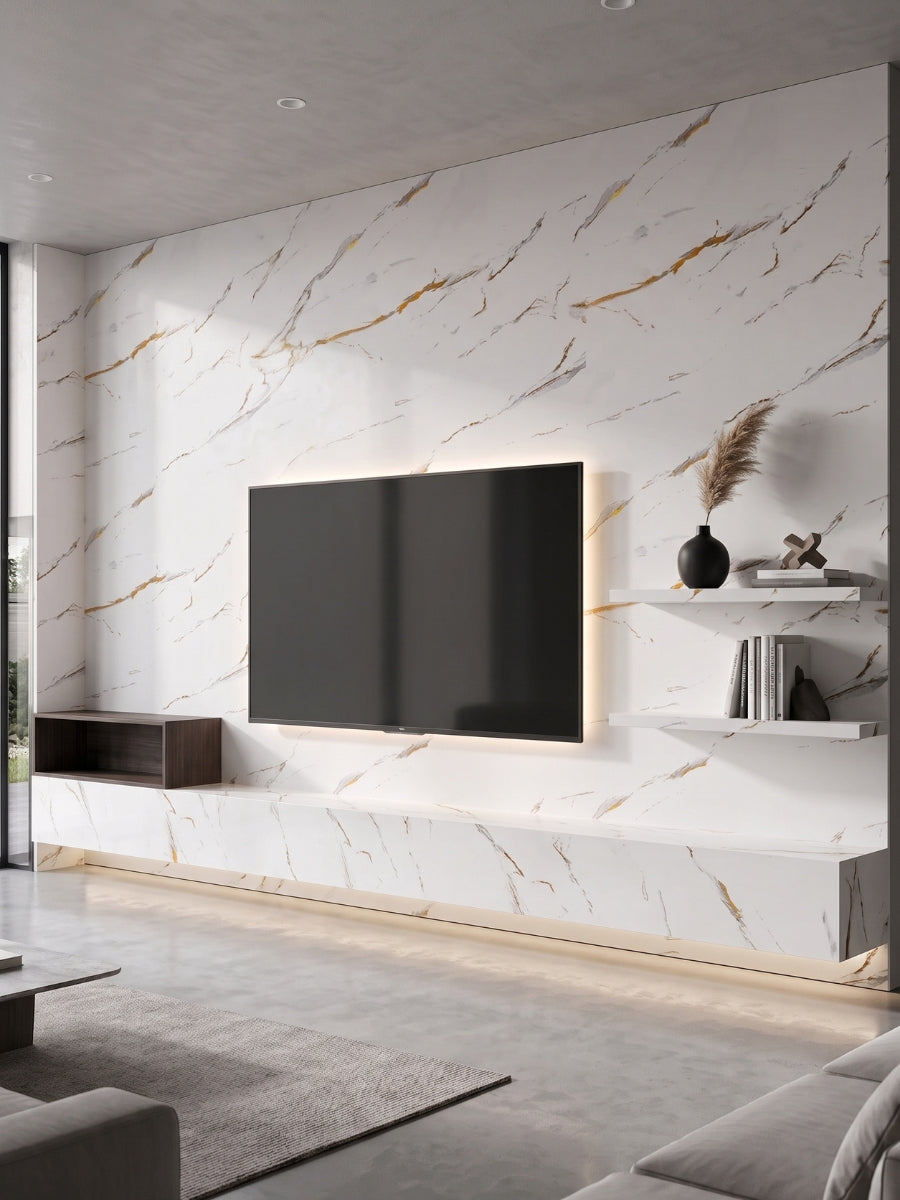 Modern TV feature wall clad in white Caramel Vein PVC marble sheets with gold and gray veining