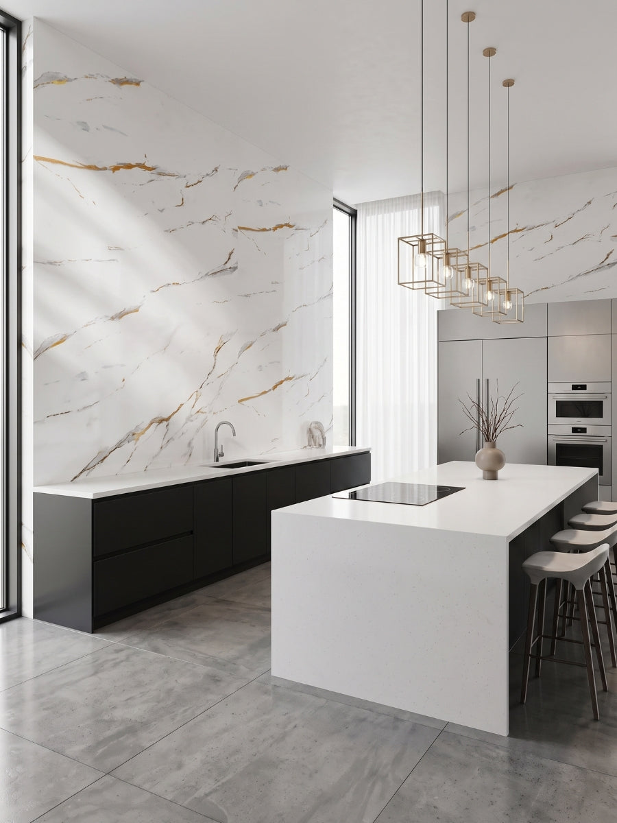 Caramel Vein PVC marble sheets installed as veined wall panels in a modern white kitchen