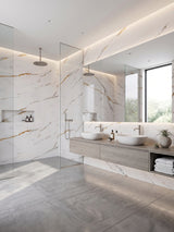 Waterproof Caramel Vein PVC marble sheets lining a contemporary bathroom and glass shower