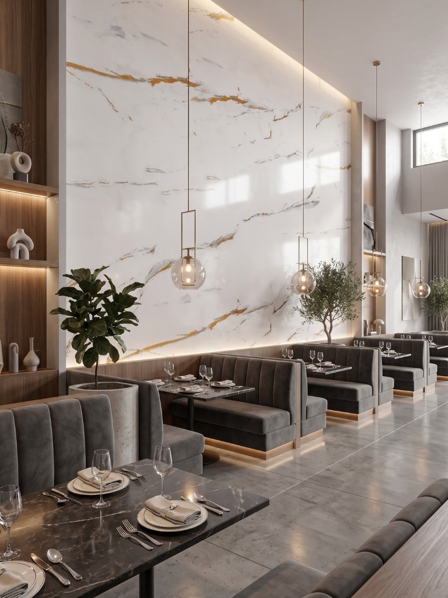 Caramel Vein PVC marble sheet feature wall in an elegant restaurant dining area