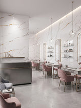Caramel Vein PVC marble sheets used as bright wall cladding in a modern salon