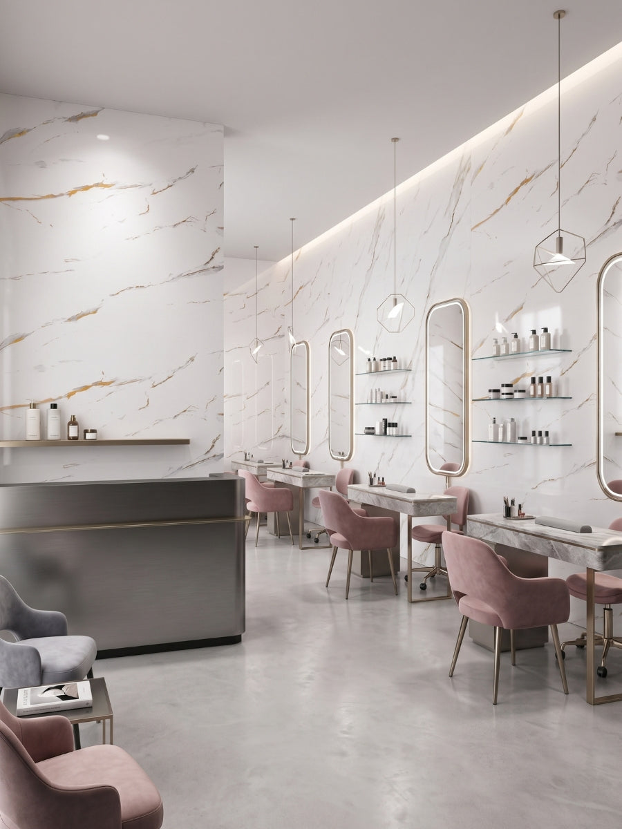 Caramel Vein PVC marble sheets used as bright wall cladding in a modern salon