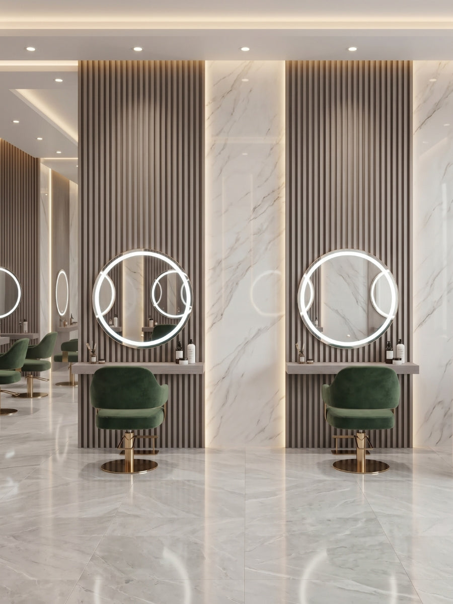 Salon styling stations set against Nordic Birch fluted wall panels and marble-look columns