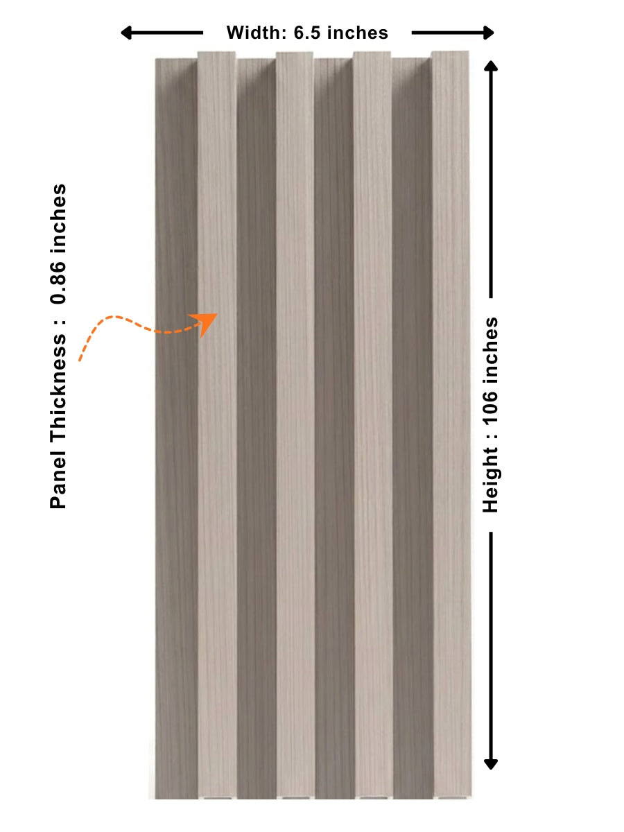 Nordic Birch WPC fluted wall panel dimensions: 6.5 inches wide, 106 inches high and 0.86 inch thick