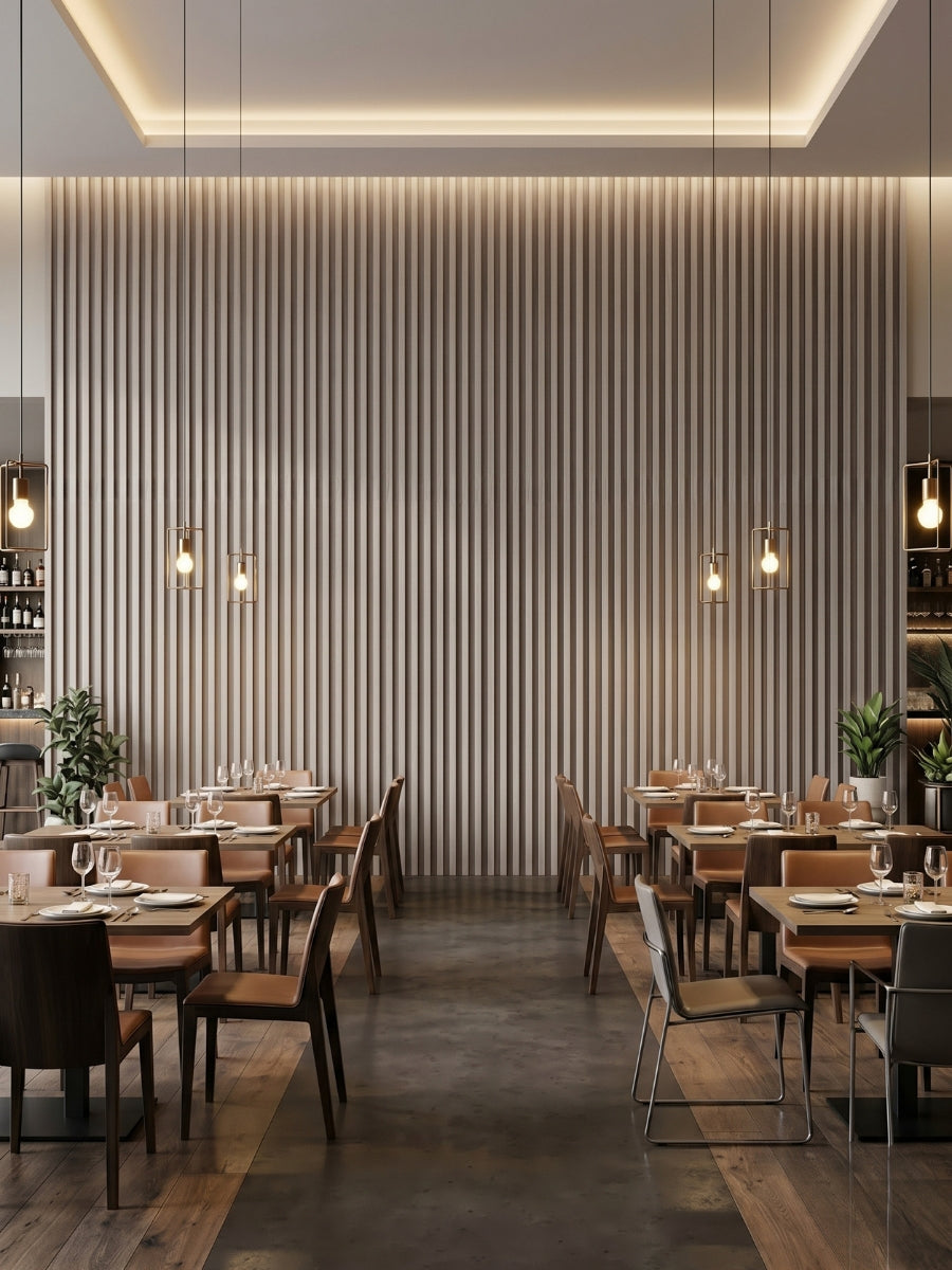 Restaurant dining room with a full-height Nordic Birch fluted wall panel feature wall