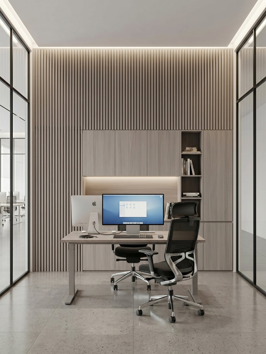 Modern office with Nordic Birch fluted wall panels behind a desk and built-in cabinetry