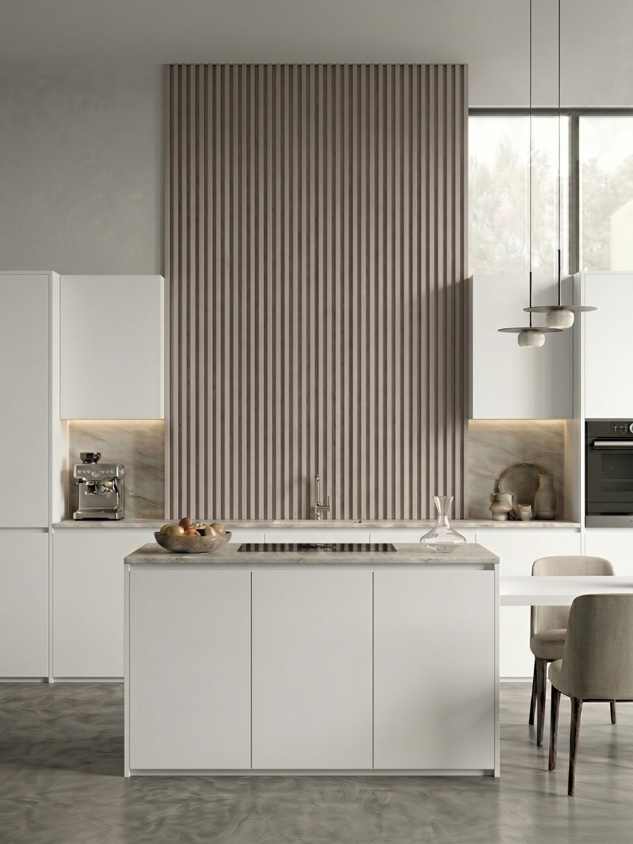 Nordic Birch fluted 3D wall panels installed as a tall kitchen feature above the island