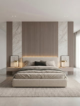 Bedroom with Nordic Birch fluted wall panels framing marble-look sections behind the bed