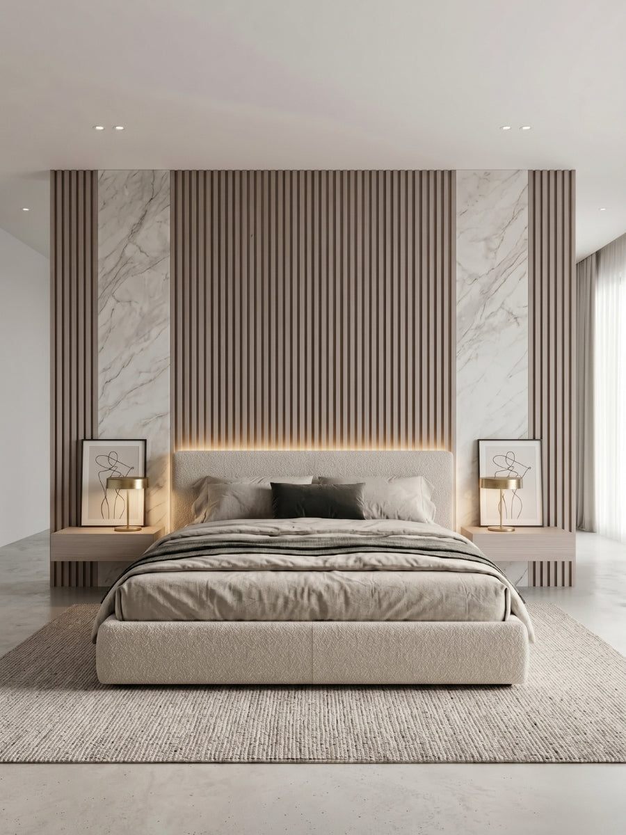 Bedroom with Nordic Birch fluted wall panels framing marble-look sections behind the bed