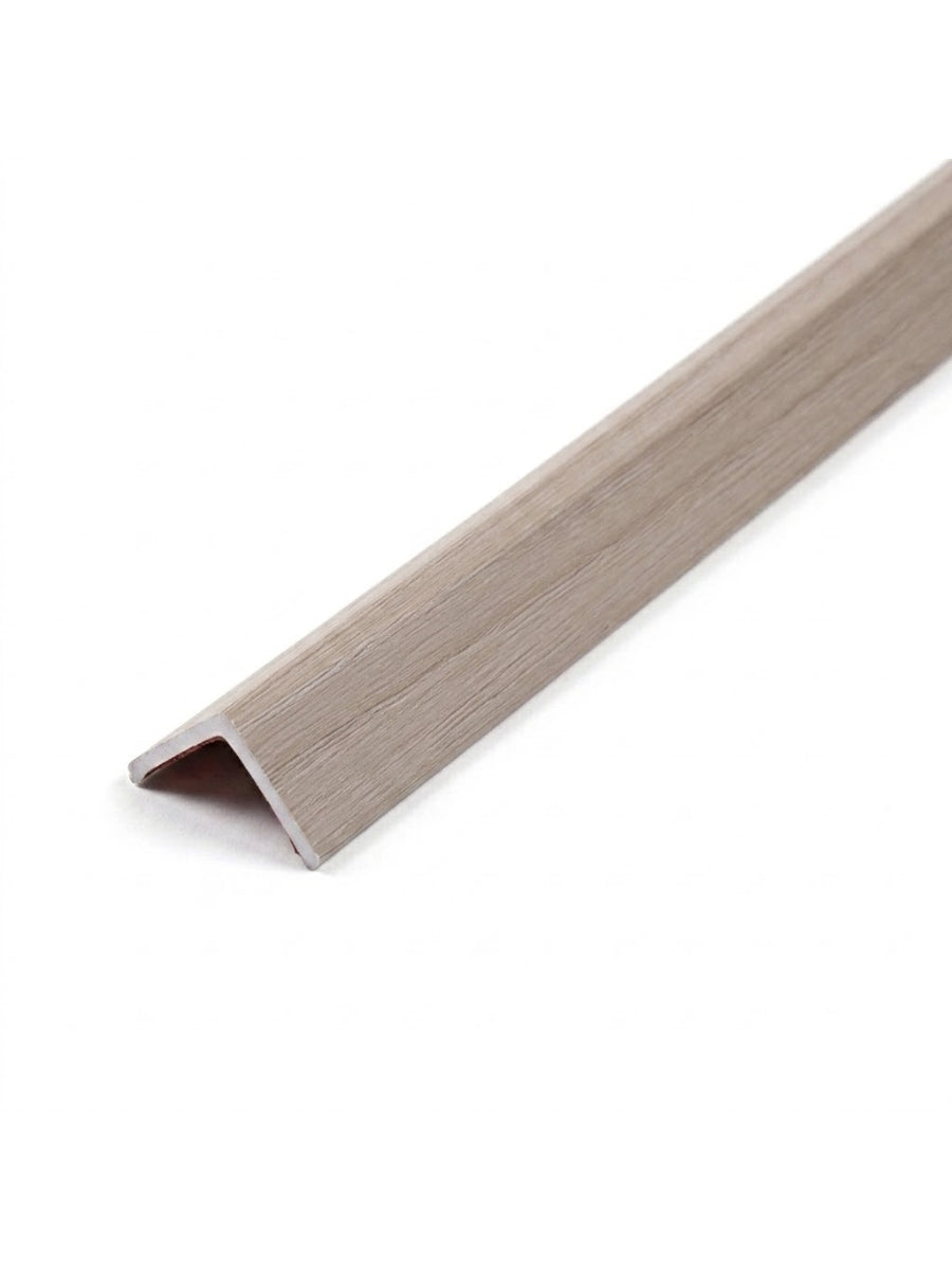 L-shaped wall panel trim with a light greige wood-grain finish