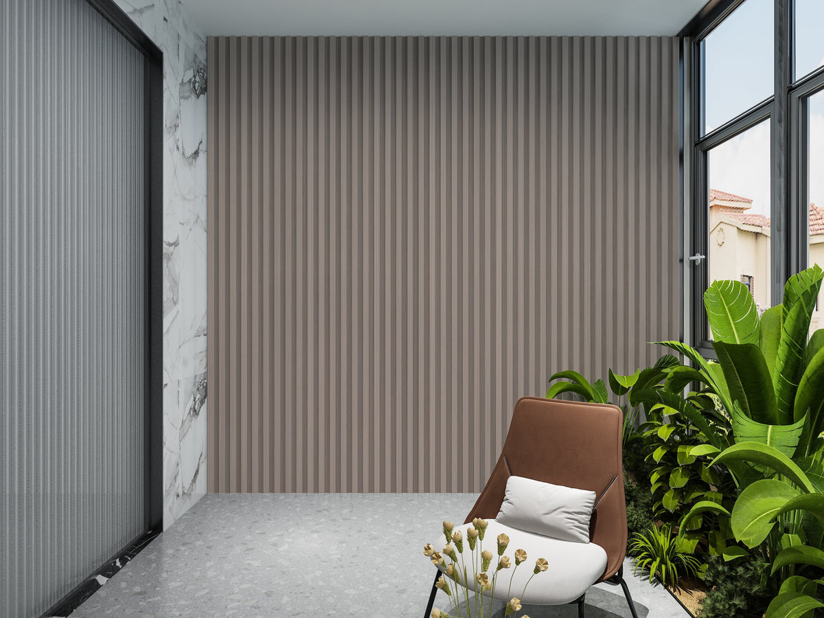 Cedar Oak WPC fluted 3D wall panels in a bright seating area with large windows and plants