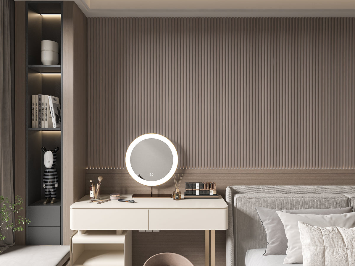 Cedar Oak WPC fluted 3D feature wall behind a bedroom vanity and bed