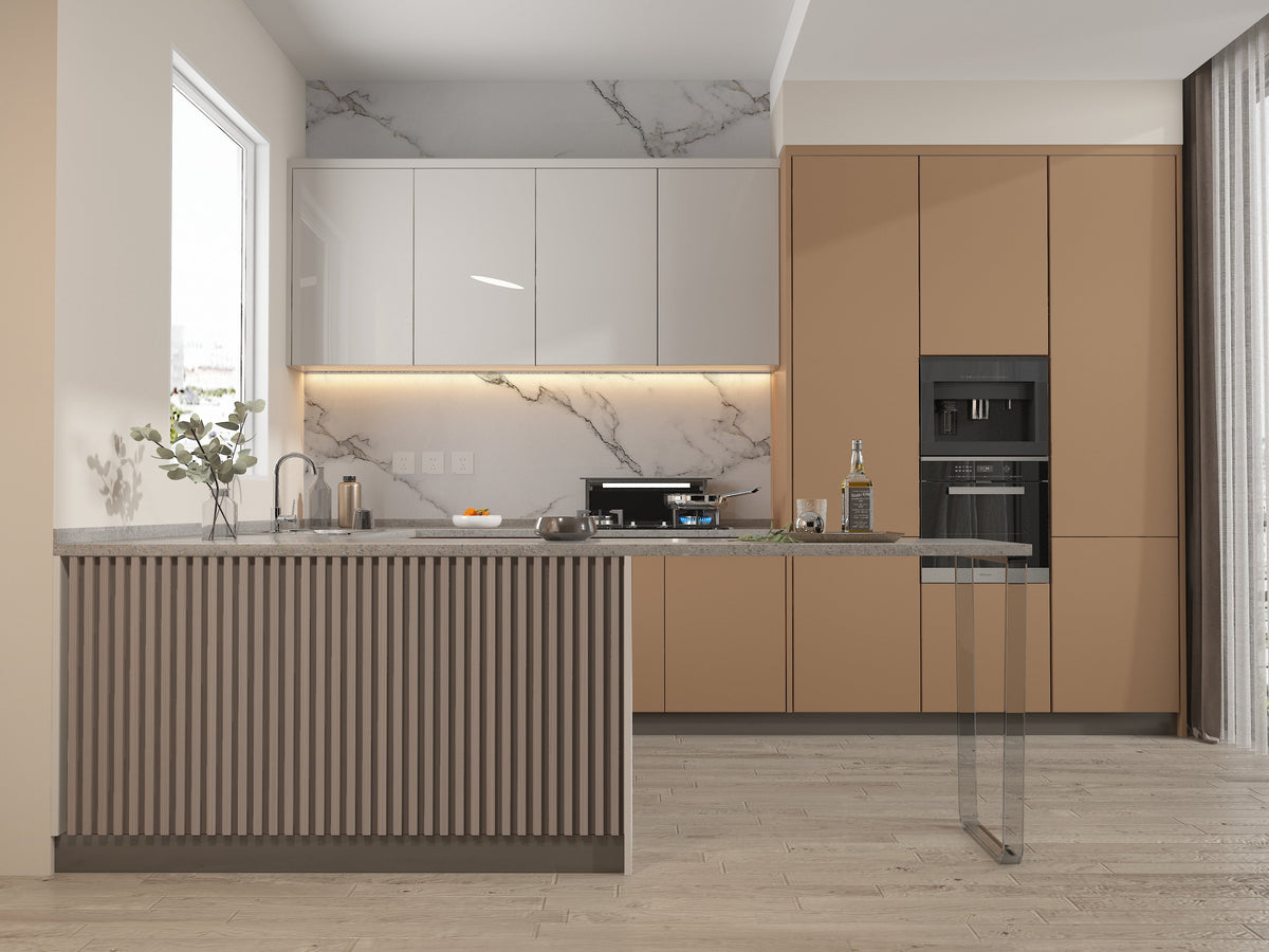 Cedar Oak WPC fluted 3D wall panels installed vertically on a modern kitchen island