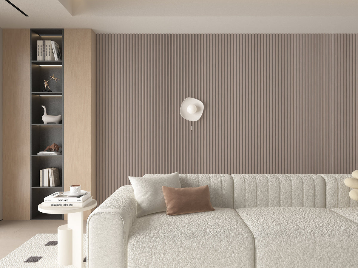 Modern living room with Cedar Oak WPC fluted 3D wall panels behind a curved sofa