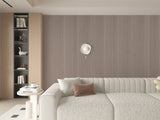 Modern living room with Cedar Oak WPC fluted 3D wall panels behind a curved sofa