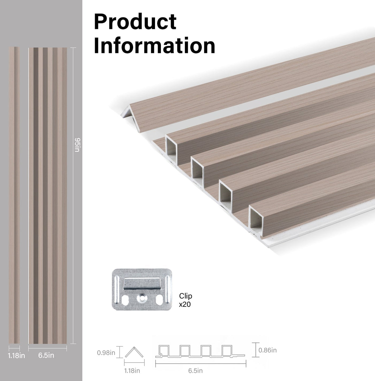 Cedar Oak WPC fluted 3D wall panel dimensions with profile, corner trim, and installation clips