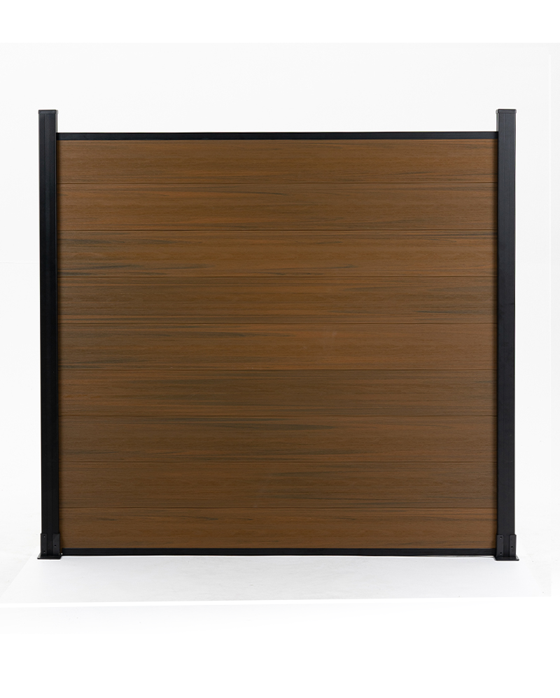 Front view of walnut co-extruded composite fence panel with black posts and rails