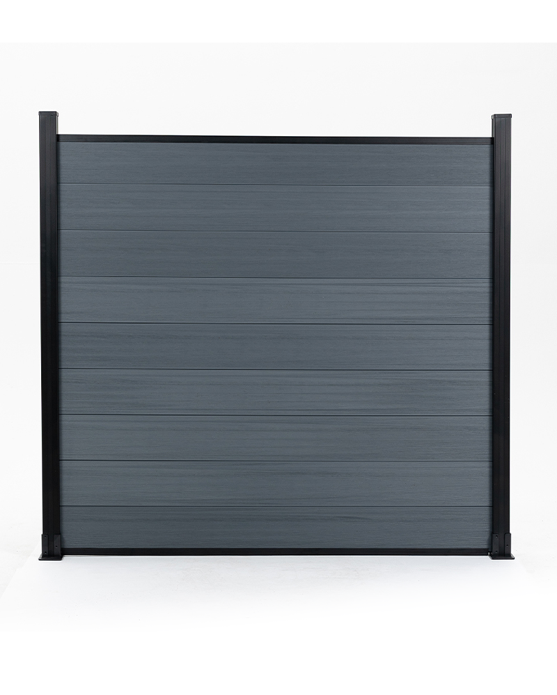 Front view of a light gray composite fence panel with horizontal boards and black framing