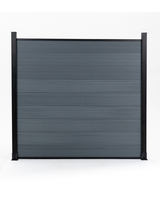 Front view of a light gray composite fence panel with horizontal boards and black framing