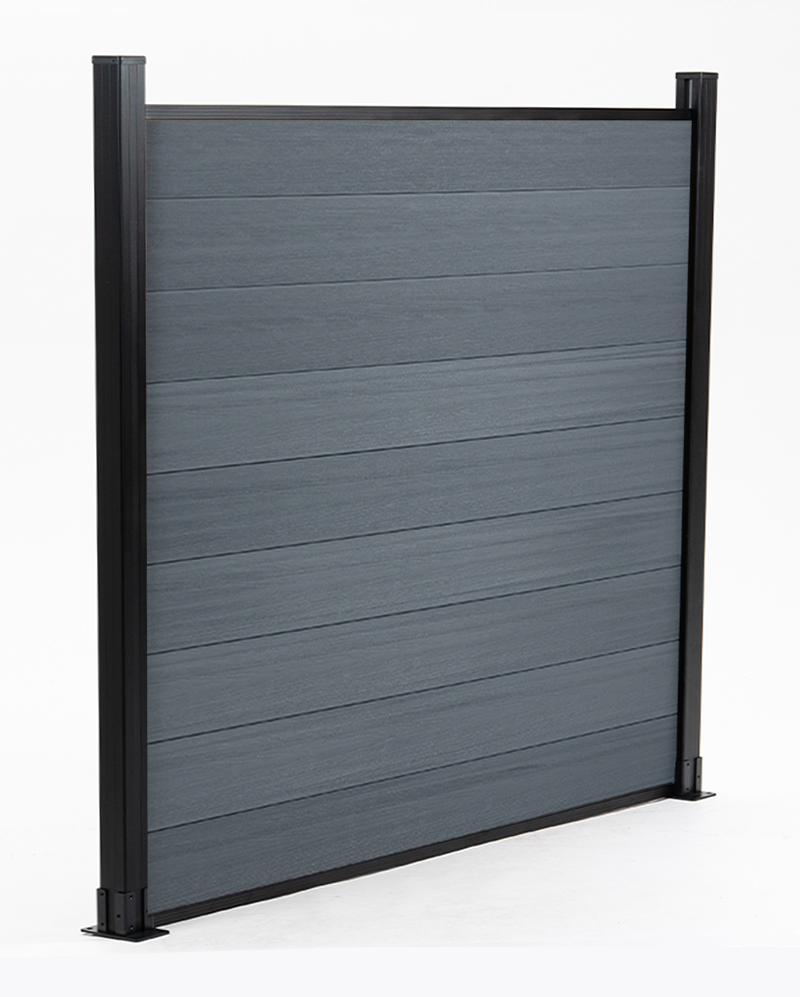 Angled view of a light gray co-extrusion composite fence panel with horizontal boards and black posts