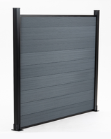 Angled view of a light gray co-extrusion composite fence panel with horizontal boards and black posts