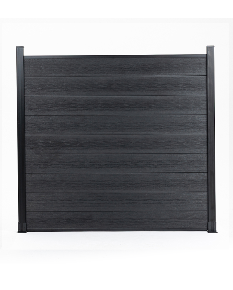 Front view of a black co-extrusion composite fence panel with horizontal wood-grain boards