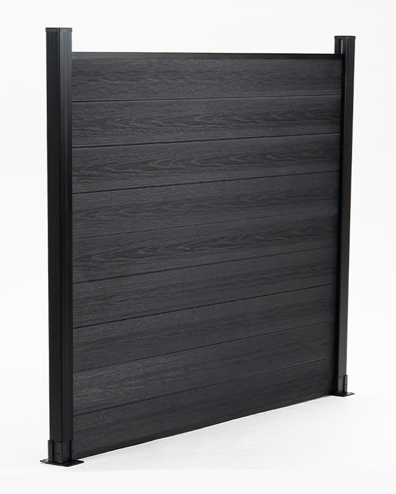 Black co-extrusion composite fence panel with horizontal wood-grain boards and two mounting posts
