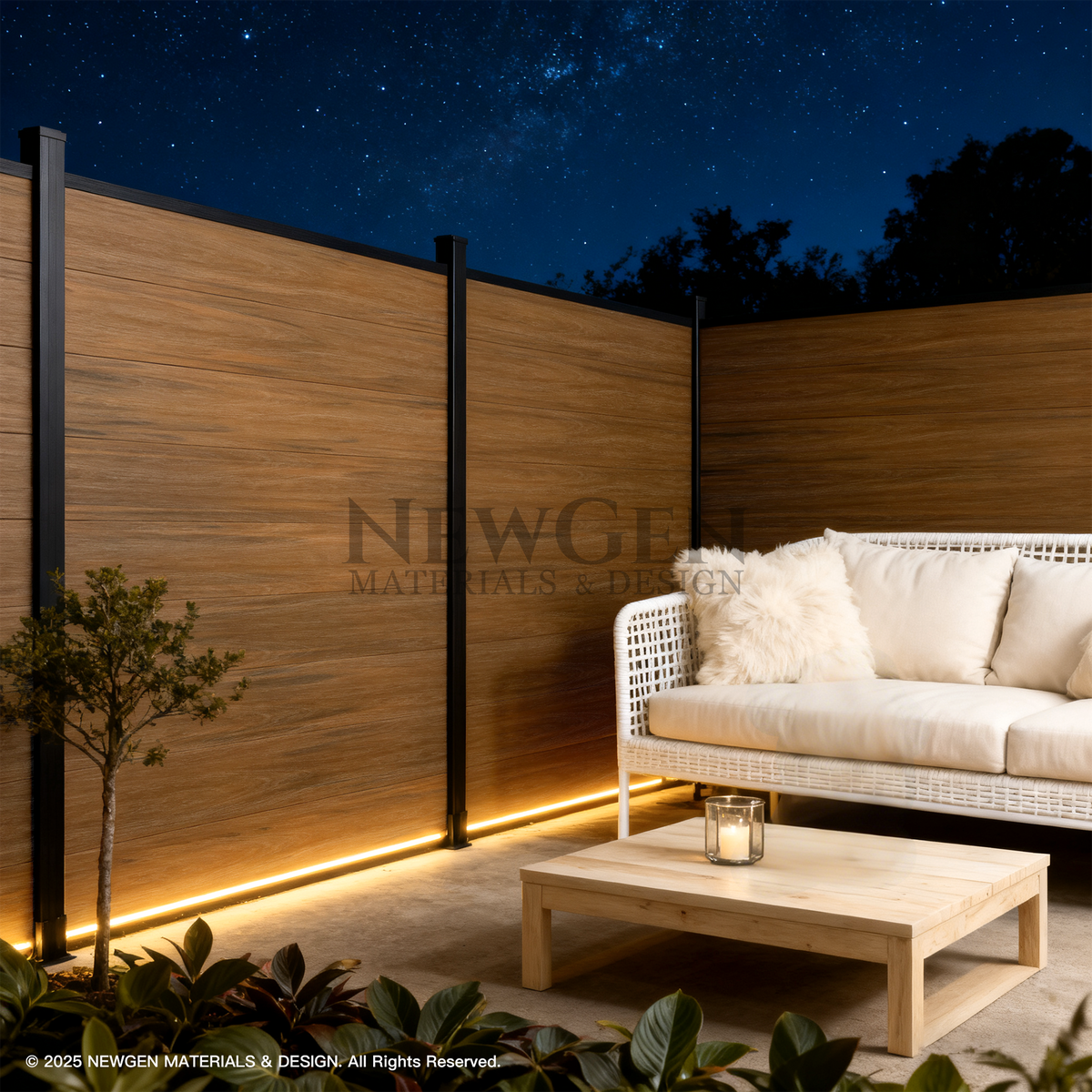 Walnut composite privacy fence enclosing a softly lit outdoor lounge at night