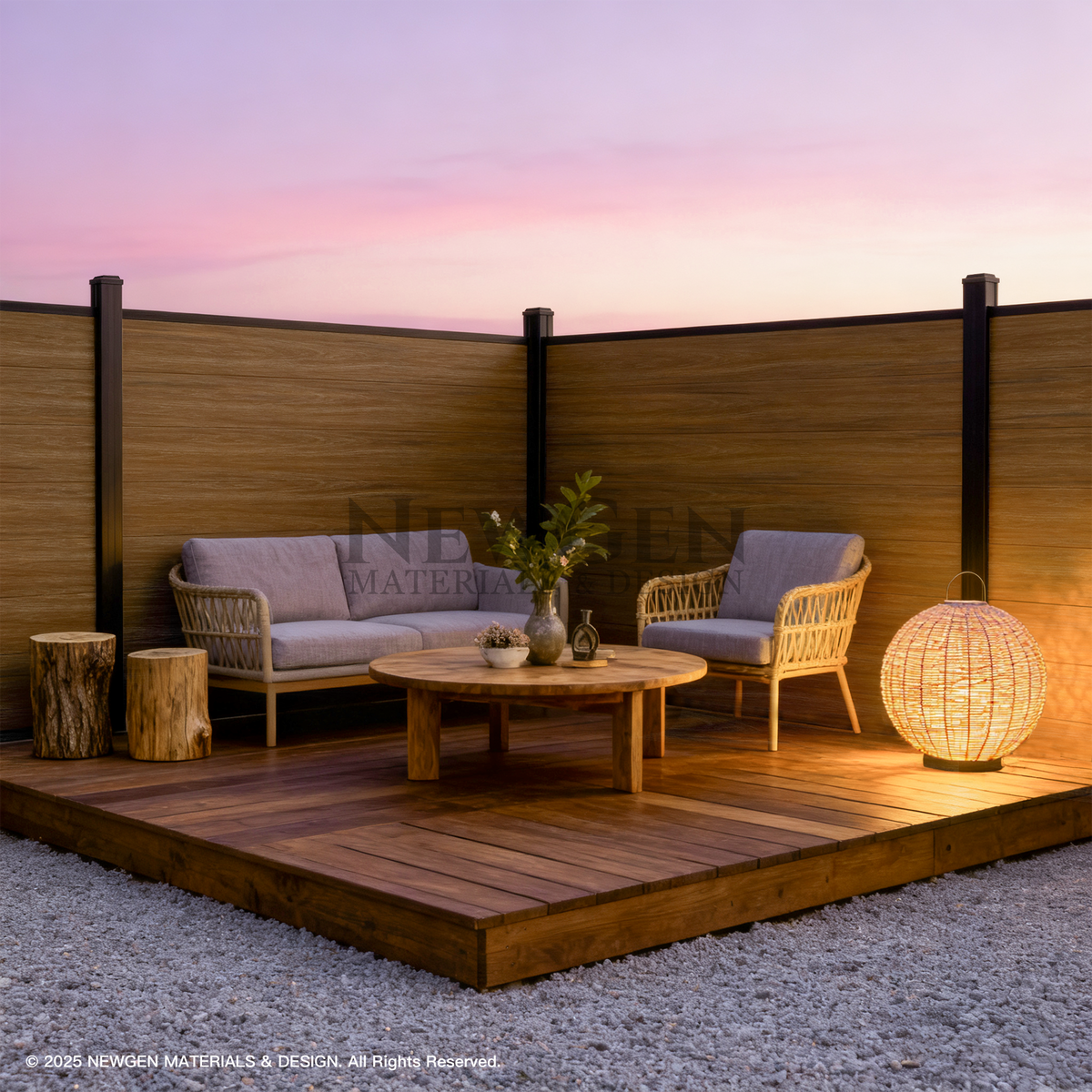 Walnut co-extruded composite fence surrounding a furnished wood patio deck at dusk