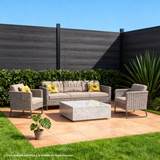 Black composite privacy fence surrounding a wicker seating area on terracotta paving