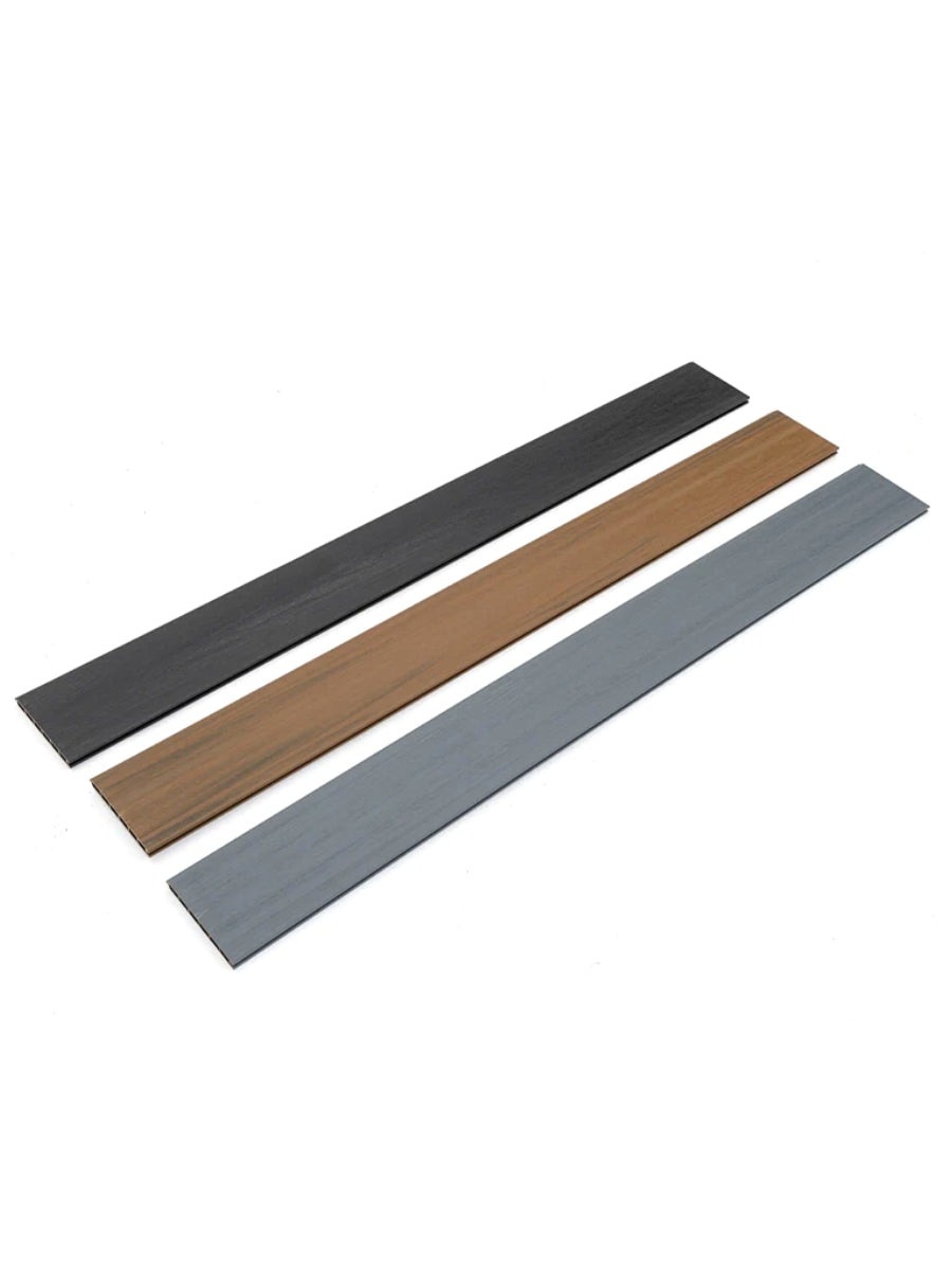 Three composite fence replacement boards in black, wood-look brown and gray finishes