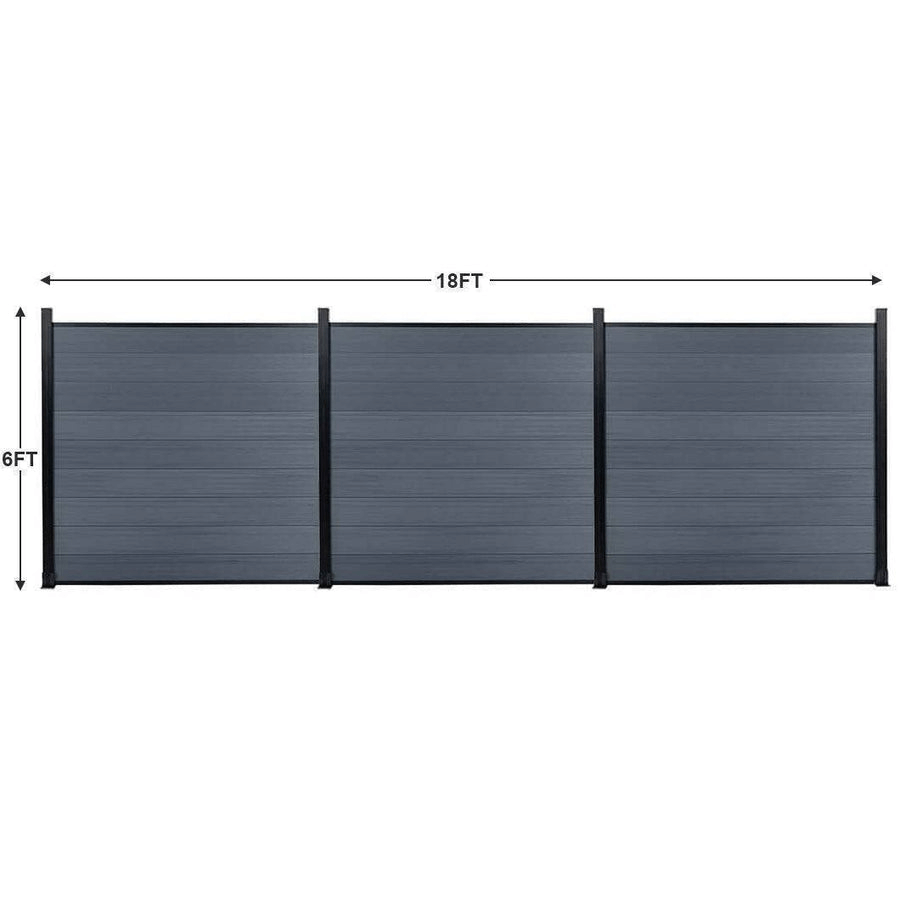 Three light gray composite fence sections with black posts, measuring 18 feet wide by 6 feet high