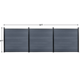 Three light gray composite fence sections with black posts, measuring 18 feet wide by 6 feet high
