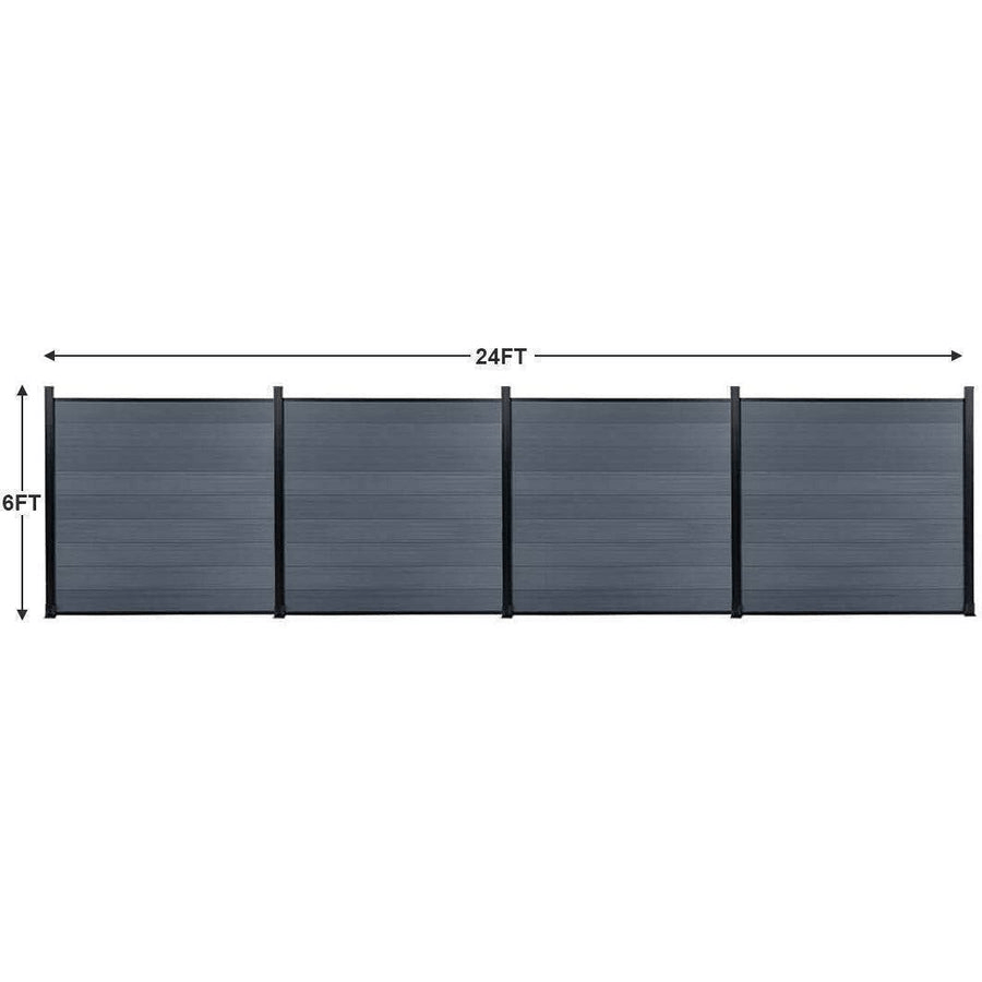 Four light gray composite fence sections with black posts, measuring 24 feet wide by 6 feet high