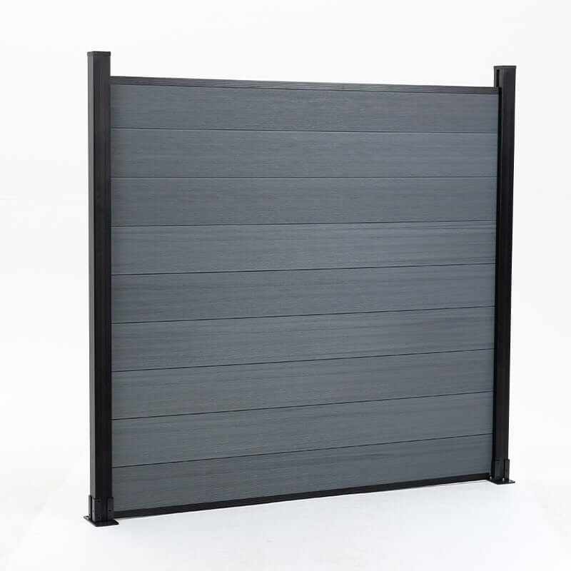 Angled front view of a light gray co-extrusion composite fence panel with black posts